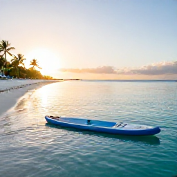 Caribbean Holidays, Caribbean Paddleboarding, A calm Caribbean beach at sunrise with a stand-up paddleboard resting at the edge of clear turquoise water, palm trees and soft golden light