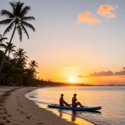 Caribbean Holidays, Caribbean Paddleboarding, A couple relaxing on a paddleboard near a quiet Caribbean beach, with a vivid sunset, calm sea and palm-fringed shore in the background