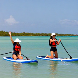 Caribbean Holidays, Caribbean Paddleboarding, A family and friends enjoying a relaxed paddleboarding excursion in a sheltered Caribbean lagoon, wearing sun hats and life jackets