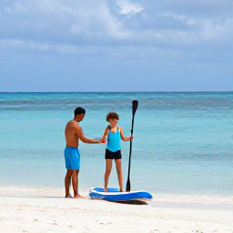 Caribbean Holidays, Caribbean Paddleboarding, A friendly Caribbean paddleboarding lesson on a sandy beach, with an instructor helping a beginner prepare a board and paddle beside calm blue sea