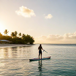 Caribbean Holidays, Caribbean Paddleboarding, A paddleboarder looking across a quiet Caribbean bay in late afternoon, with golden sunlight, calm turquoise water and a palm-fringed shore