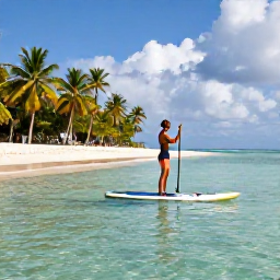 Caribbean Holidays, Caribbean Paddleboarding, A traveller standing on a paddleboard in calm, clear Caribbean water near a bright sandy beach, with palm trees and a light breeze
