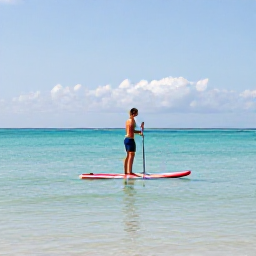 Caribbean Holidays, Caribbean Paddleboarding, A traveller standing on a paddleboard in calm, clear turquoise water beside a Caribbean beach, bright morning light