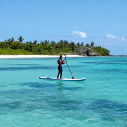 Caribbean Holidays, Caribbean Paddleboarding, Guided paddleboard tour through calm Caribbean sea near a green island coastline, with reefs visible beneath the water
