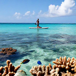Caribbean Holidays, Caribbean Paddleboarding, Paddleboarder gliding over shallow Caribbean water above colourful tropical fish and coral, viewed from a gentle angle