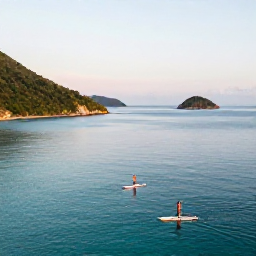 Caribbean Holidays, Caribbean Paddleboarding, Paddleboarders exploring a sheltered Caribbean bay at sunrise, with turquoise sea, green hills and small islands in the distance
