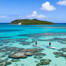 Caribbean Holidays, Caribbean Paddleboarding, Paddleboarders exploring a sheltered Caribbean bay with bright coral reefs visible beneath clear shallow water and a green island coastline beyond