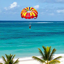 Caribbean Holidays, Caribbean Parasailing, A traveller parasailing above clear turquoise Caribbean sea with a sandy beach and palm trees below, bright natural daylight
