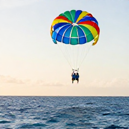 Caribbean Holidays, Caribbean Parasailing, Couple enjoying a peaceful parasailing flight over a Caribbean bay at golden morning light