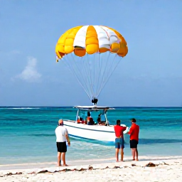 Caribbean Holidays, Caribbean Parasailing, Friendly parasailing crew preparing visitors for a safe boat launch beside a tropical Caribbean beach