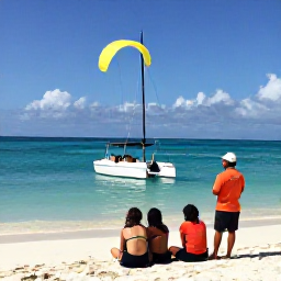 Caribbean Holidays, Caribbean Parasailing, Friendly parasailing instructor giving a safety briefing to holidaymakers beside a Caribbean watersports boat on a sunny beach