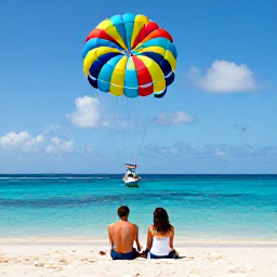 Caribbean Holidays, Caribbean Parasailing, Happy couple relaxing on a Caribbean beach after parasailing, colourful boat offshore and calm turquoise sea in the background