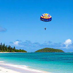 Caribbean Holidays, Caribbean Parasailing, Parasailers soaring above clear turquoise Caribbean water with a sandy beach, green islands and bright blue sky below