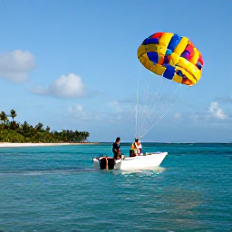 Caribbean Holidays, Caribbean Parasailing, Parasailing boat preparing to launch two holidaymakers over calm Caribbean water near a tropical island beach