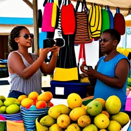 Caribbean Holidays, Caribbean Photography Tours, Colourful Caribbean market with local people, tropical fruit, handmade crafts and a visitor taking photographs respectfully