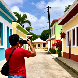 Caribbean Holidays, Caribbean Photography Tours, Friendly local photography guide showing visitors how to frame a colourful Caribbean village street with bright buildings and tropical plants