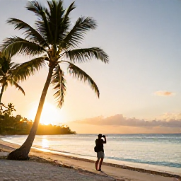 Caribbean Holidays, Caribbean Photography Tours, Photographer capturing sunrise over a Caribbean beach with palm trees, calm turquoise water and warm golden light