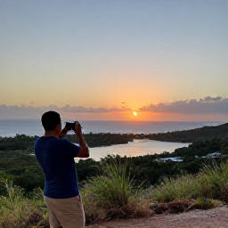 Caribbean Holidays, Caribbean Photography Tours, Visitors photographing a Caribbean sunset from a scenic hilltop overlooking a bay, with soft orange sky and calm sea