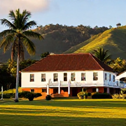 Caribbean Holidays, Caribbean Plantations, A historic Caribbean plantation house surrounded by tropical gardens, palm trees and gently rolling green hills in warm afternoon light