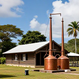 Caribbean Holidays, Caribbean Plantations, A historic Caribbean sugar plantation mill and rum distillery with wooden machinery, copper stills and tropical vegetation