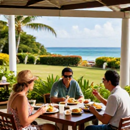 Caribbean Holidays, Caribbean Plantations, Travellers relaxing at a Caribbean plantation estate caf&eacute; after a tour, with local food, tropical gardens and distant sea views