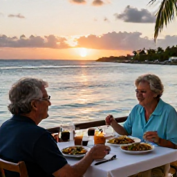 Caribbean Holidays, Caribbean Retirement, Older couple dining outdoors at a Caribbean waterfront restaurant during sunset, local dishes and gentle sea views