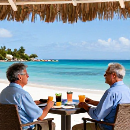 Caribbean Holidays, Caribbean Retirement, Older travellers enjoying a shaded terrace at a Caribbean hotel, looking over a bright blue bay with refreshments on the table