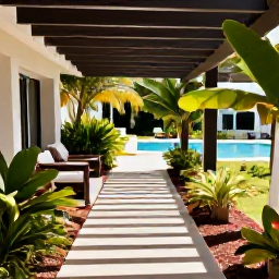 Caribbean Holidays, Caribbean Retirement, Peaceful Caribbean resort garden with accessible paths, shaded seating, tropical plants and a calm swimming pool