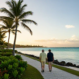 Caribbean Holidays, Caribbean Retirement, Retired couple strolling along a calm Caribbean beach at sunrise, comfortable walking path, palm trees and turquoise sea