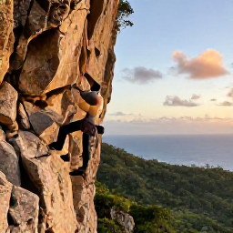 Caribbean Holidays, Caribbean Rock Climbing, Experienced climber on a challenging Caribbean cliff route at golden hour, rugged rock face, ocean horizon and lush island landscape