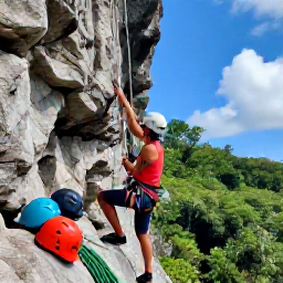 Caribbean Holidays, Caribbean Rock Climbing, Friendly climbing instructor helping beginners prepare harnesses beside a tropical Caribbean cliff, with helmets and ropes neatly arranged