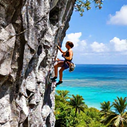 Caribbean Holidays, Caribbean Rock Climbing, Rock climber ascending a sunlit limestone cliff above a turquoise Caribbean sea, tropical vegetation and safe climbing equipment visible