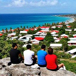 Caribbean Holidays, Caribbean Rock Climbing, Small group of climbers resting at a Caribbean viewpoint above the sea, colourful island villages and palms in the background
