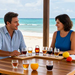 Caribbean Holidays, Caribbean Rum Tours, A relaxed Caribbean rum tasting table with small glasses, golden and dark rum, tropical fruit and an expert guide