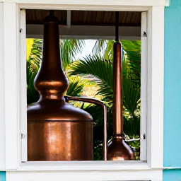 Caribbean Holidays, Caribbean Rum Tours, A welcoming Caribbean rum distillery surrounded by tropical greenery, with polished copper stills visible through open doors