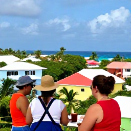 Caribbean Holidays, Caribbean Rum Tours, Travellers enjoying a sunny Caribbean rum tour with colourful buildings, palm trees and a scenic island coastline in the background