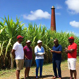Caribbean Holidays, Caribbean Rum Tours, Visitors touring historic sugar cane fields beside a Caribbean distillery, with a guide explaining the island's rum-making heritage