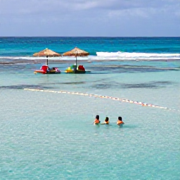 Caribbean Holidays, Caribbean Safety, Family swimming in a calm Caribbean bay near a marked swimming area, with sun umbrellas and gentle waves