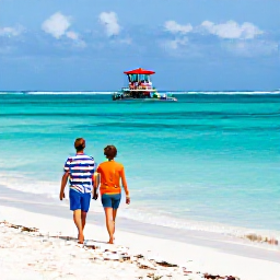 Caribbean Holidays, Caribbean Safety, Relaxed couple walking along a sunny Caribbean beach beside clear turquoise water, local lifeguard station in the background