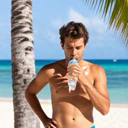 Caribbean Holidays, Caribbean Safety, Traveller applying sunscreen and drinking water under a palm tree on a bright Caribbean afternoon