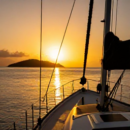 Caribbean Holidays, Caribbean Sailing, A Caribbean sunset viewed from the deck of a sailing yacht, with calm sea, warm golden light and distant island silhouettes