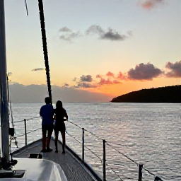 Caribbean Holidays, Caribbean Sailing, A couple standing on the bow of a sailing yacht at sunset, looking towards a calm Caribbean island coastline