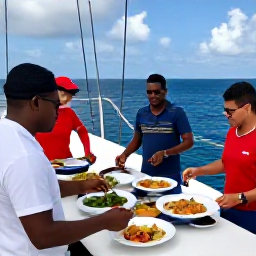Caribbean Holidays, Caribbean Sailing, A friendly Caribbean sailing crew preparing fresh local food on board while guests enjoy the view from the yacht