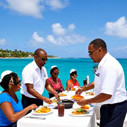 Caribbean Holidays, Caribbean Sailing, A friendly sailing crew preparing a fresh Caribbean lunch on deck while guests enjoy the sea view