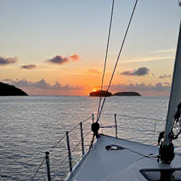 Caribbean Holidays, Caribbean Sailing, A peaceful Caribbean sunset viewed from the deck of a sailing yacht, with calm sea, warm sky and distant islands