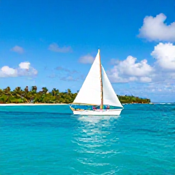 Caribbean Holidays, Caribbean Sailing, A sailing boat cruising across clear turquoise Caribbean water beside a green tropical island under a bright blue sky