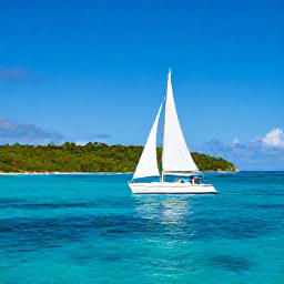 Caribbean Holidays, Caribbean Sailing, A sailing yacht cruising across clear turquoise Caribbean water beside a green tropical island under a bright blue sky