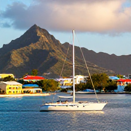 Caribbean Holidays, Caribbean Sailing, A sailing yacht returning to a colourful Caribbean harbour at golden hour with mountains in the background