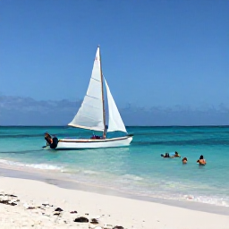 Caribbean Holidays, Caribbean Sailing, A small sailing boat anchored beside a secluded white-sand beach with snorkellers in clear shallow water