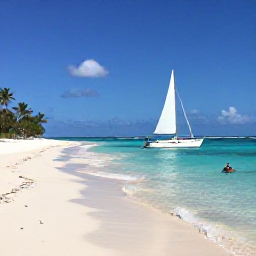 Caribbean Holidays, Caribbean Sailing, A small sailing yacht anchored in a peaceful Caribbean bay with white sand, palm trees and snorkellers in clear shallow water